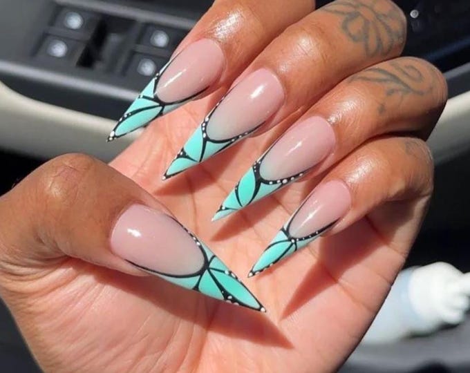 Turquoise Butterfly French Press On Nails Long Stiletto/Graphic French Tips/Summer Y2K Nails/Aqua Baddie Nails/Tropical Handmade Fake Nails