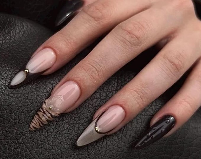 Featured listing image: Brown French Nails with Leopard & Cat Eye Design | Long Almond Fall Press On Nails | Luxury Handmade False Nails