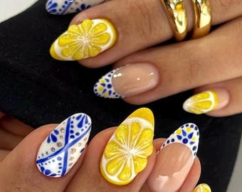 3D Lemon Press On Nails: Blue Ethnic Almond Fake Nails
