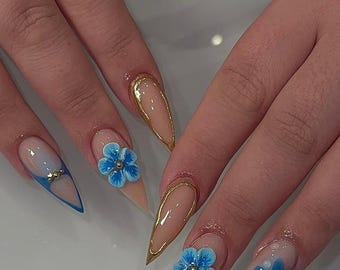 Baby Blue Press On Nails with 3D Flowers, Gold Chrome & Rhinestones – Long Almond Elegant Handmade Nail Set, Chic Reusable Nails