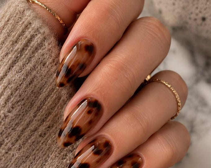 Brown Tortoise Shell Long Almond Press On Nails, Sheer Amber Jelly with Dark Chocolate Spots