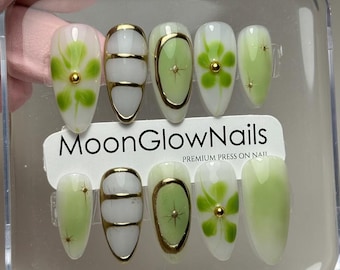 Green Floral Chrome Press On Nails: Custom Gel Acrylic, Summer Vacation