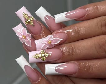 3D Floral Press On Nails: White French Tips, Cross Charm Design Nails, Long Square Nails, Handmade Nail Set