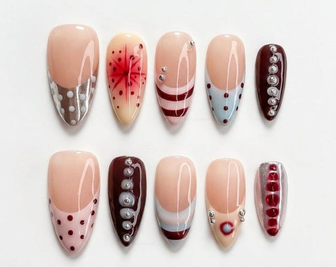 Y2K Star Press on Nails Almond/Polka Dot Nails/Pastel Blue Nails/Gothic Summer Fake Nails/Silver Metallic Nails/Emo Inspired Nails Birthday