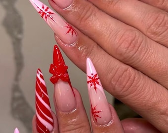 Red & Pink Candy Cane Christmas Nails – 3D Bow Press On Nails, Holiday Gift Wrap Nails, Winter Snowflake Long Stiletto Tips, Handmade Nails