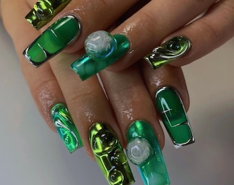 Green Chrome Square Handmade Press on Nails with Silver & 3D Flowers
