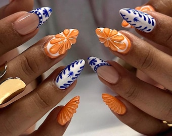 Greece-Inspired Press On Nails: 3D Orange & Blue Almond Nails