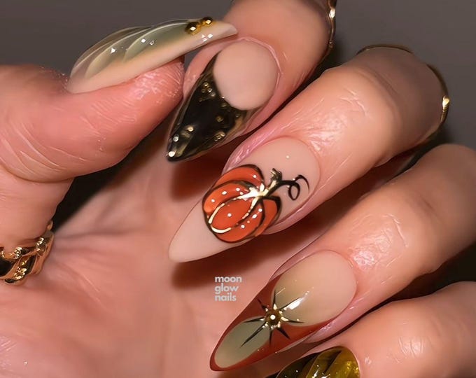 Halloween Pumpkin Press On Nails, Metallic Chrome & Black Almond False Nails, Luxury Autumn Gold Festival Fake Nails