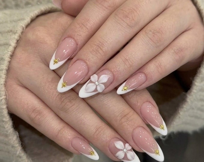 White French Floral Press On Nails Long Almond | Handmade 3D Gold Star Flower Fake Set | Romantic Bridal Wedding | Gift for Her
