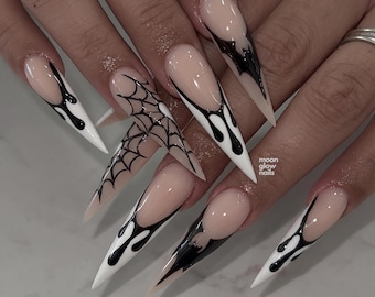 Liquid Drip Press On Nails, Black Spider Web White Stiletto Fake Nails, Spooky Gothic Halloween Nail Set
