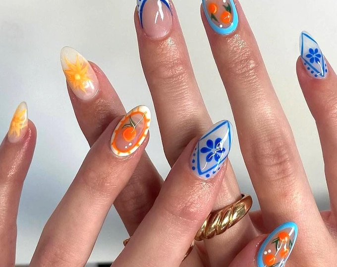 Handmade Greece Summer Press On Nails: Blue Floral Press Ons, Orange Fruit Fake Nails, Short Almond Nails