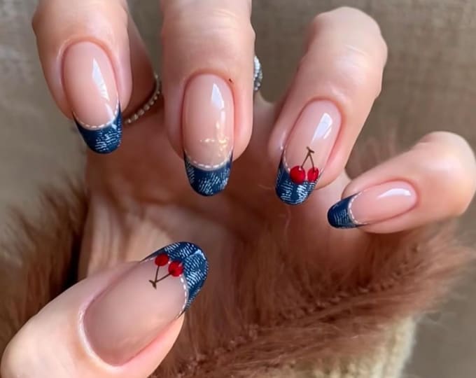 Denim French Tip Press On Nails, Almond Coquette Handmade Nails, Red Cherry Picnic Acrylic Nails, Y2K Western Blue Jean Fake Nails