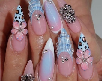 Y2K Mermaid Press on Nails, Summer Beach Nails, Handmade Design Nail Art