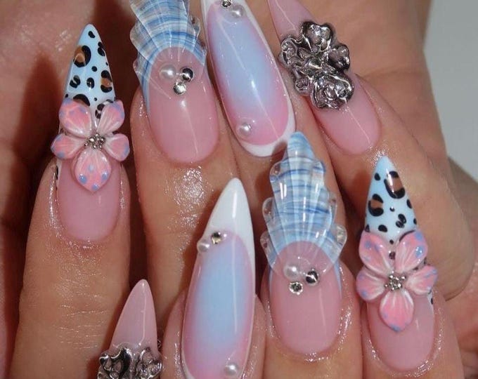 Featured listing image: Y2K Mermaid Press on Nails, Summer Beach Nails, Handmade Design Nail Art