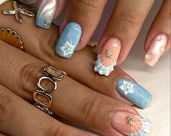 Ocean Blue Press On Nails: 3D Gel Flower, Coastal Nail Art