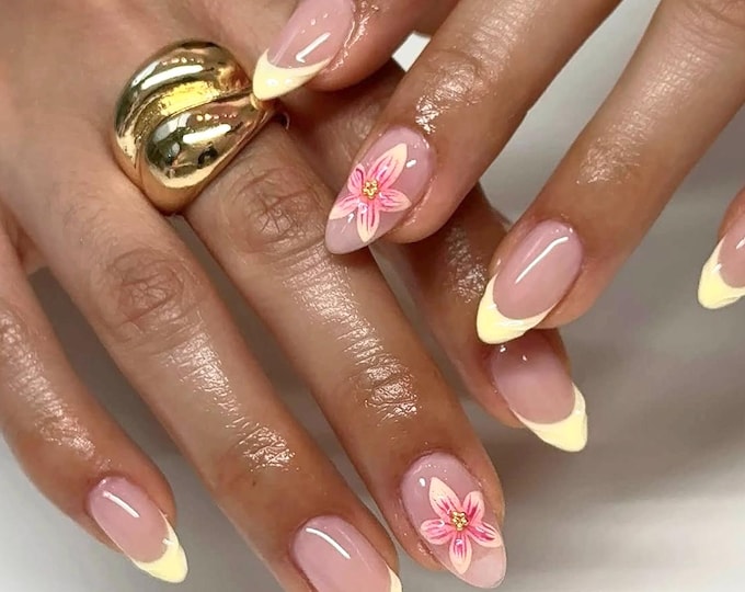 Floral French Tip Press On Nails: Yellow Almond, Handmade Nail Art