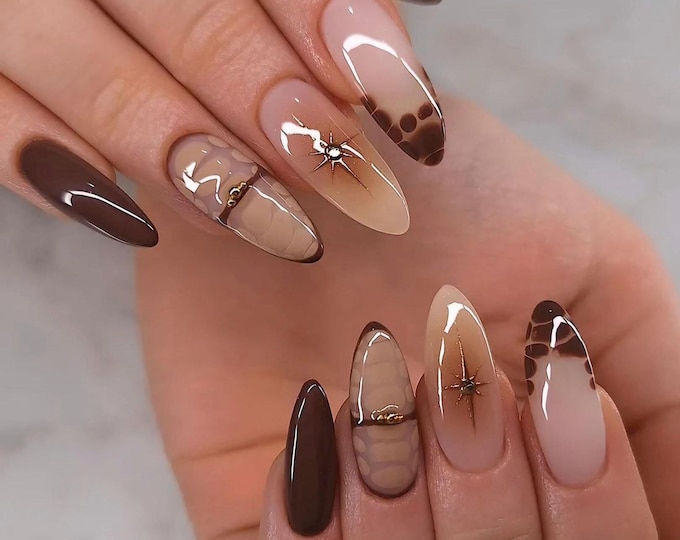 Brown Marble French Press On Nails: Chrome Detail, Medium Almond Shape