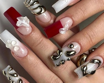 Luxury Holiday Press On Nails | Red & White 3D Chrome Design with Pearls | Sculpted Gold Accent Nails | Modern Festive Nail Art Set