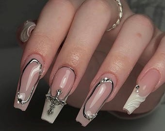 White Coffin Press On Nails: Chrome Cross, Gothic Handmade Nail Set