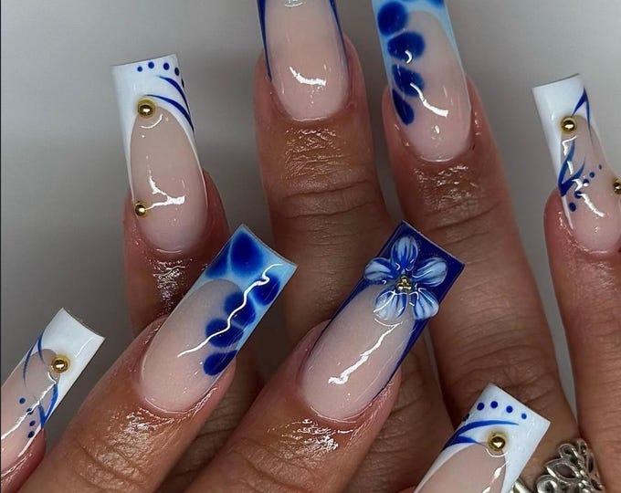 3D Flower Press On Nails: Long Square Blue French Tip Nail Art