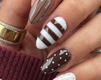 Brown and White Almond Press On Nails, Striped Design with Tan Polka Dots, Beige Plaid