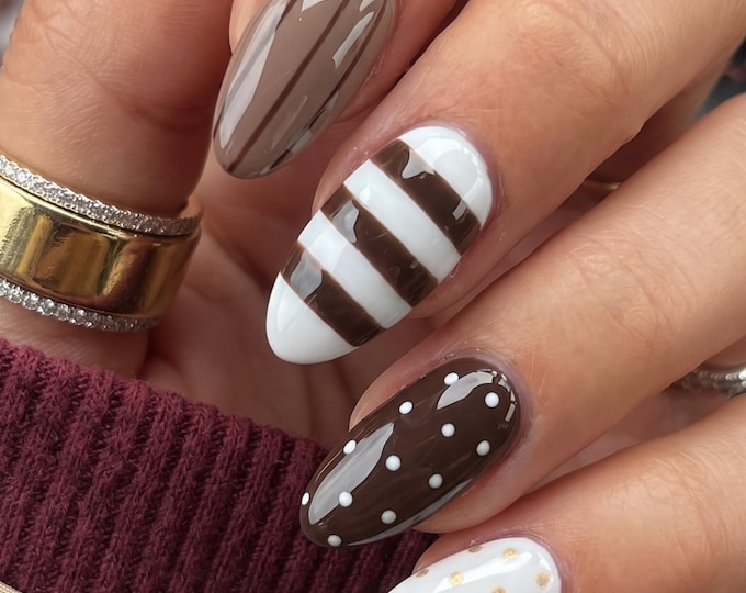 Brown and White Almond Press On Nails, Striped Design with Tan Polka Dots, Beige Plaid