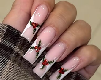 Holiday Holly Christmas Press On Nails – Red Rhinestone Berries, White French, Winter Nail Art, Handmade Reusable Nail Set, Long Square Nail