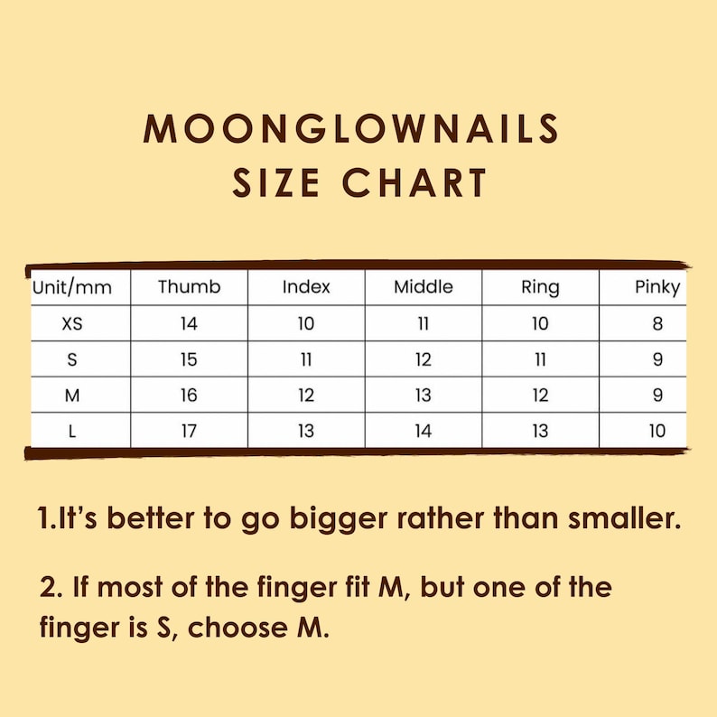May include: A Moonglownails size chart with a table listing sizes XS, S, M, and L in millimeters for thumb, index, middle, ring, and pinky fingers. It includes instructions to choose larger sizes and select M if most fingers fit M but one fits S.