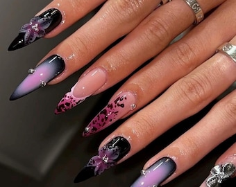 Black Halloween Nails with Purple Ombre & 3D Silver Flowers | Long Almond Fall Nails | Gothic Spooky Nail Art for Autumn