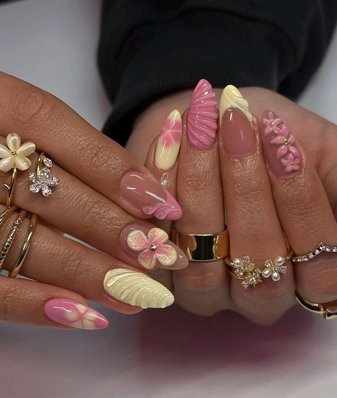 Press on Nails | Almond Nails, Summer Flower Design Nail, 3D Flowers Nail, Butter Yellow Nails