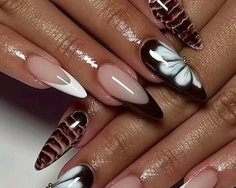 Long Almond Autumn Press On Nails | Brown & White French with Blooming Gel Effect | Scattered White Flowers | Elegant Fall Nail Art Set