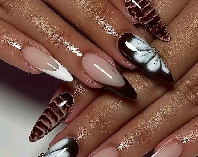Almond Press On Nails | Brown French Tip, Blooming Gel Flowers, Fall Nail Art