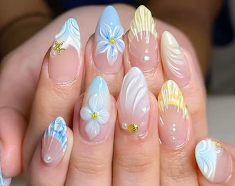 Almond Press On Nails: 3D Floral, Butter Yellow, Mermaid Beach Nail