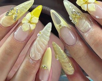 Yellow French Tip Press On Nails: 3D Floral Stiletto Fake Nails