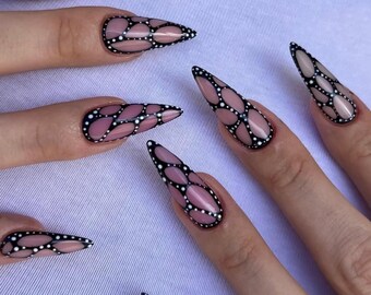 Y2K Press On Nails: Black Stiletto Nail Art