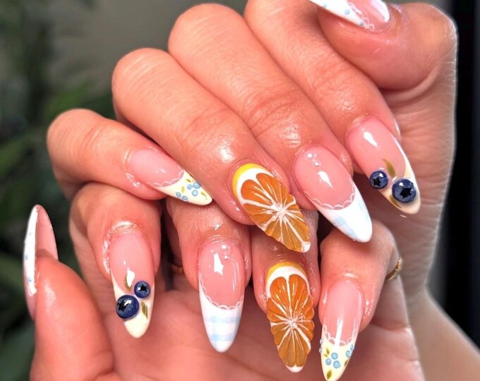3D Fruit Picnic Press On Nails, Long Almond Summer Handmade Nails, Citrus Blueberry Vacation Acrylic Nails, Plaid French Tip Fake Nails