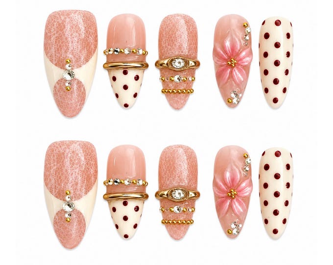 3D Gold Accent Nails/White Lace Medium Almond Nails/ 3d Floral Nails/ Elegant Summer Nails/ Pastel Yellow Nails/ Birthday Gift Nails