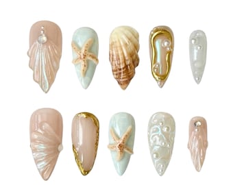 Handmade Beach Press On Nails | Seashell, Starfish, Pearl Accents (Luxury Summer)