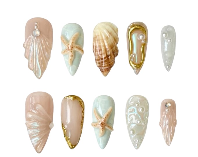 Handmade Beach Press On Nails | Seashell, Starfish, Pearl Accents (Luxury Summer)