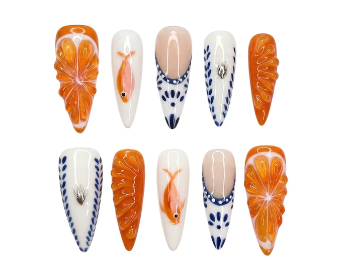 Orange Koi Fish Press On Nails | 3D Talavera Stiletto Almond Nails