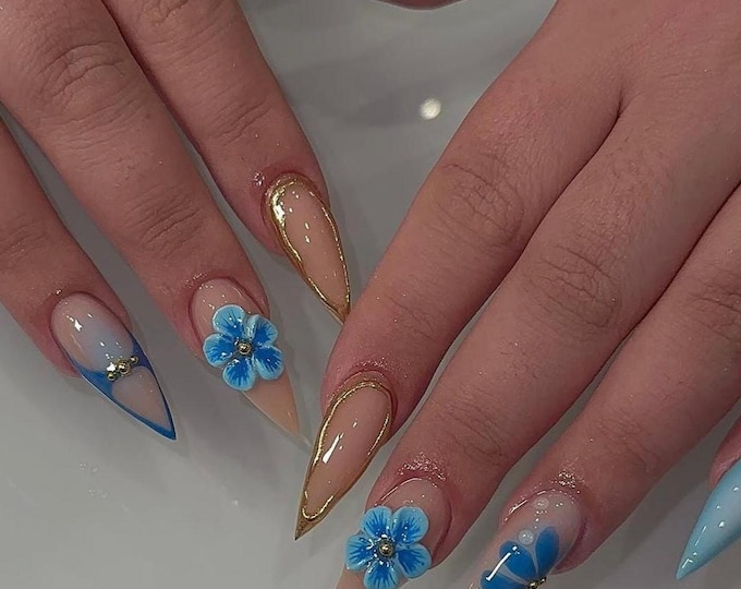 Baby Blue Press On Nails, 3D Flower Gold Chrome, Long Almond Reusable