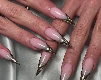 Silver French Stiletto Press On Nails: Chrome Tips, Long Almond, Reusable