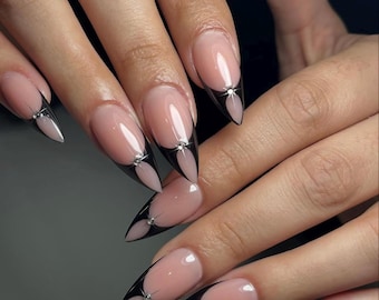 Gothic Black Press On Nails: Rhinestone Design, Handmade Long Nail Set