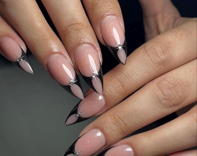 Gothic Black Press On Nails: Rhinestone Design, Handmade Long Nail Set