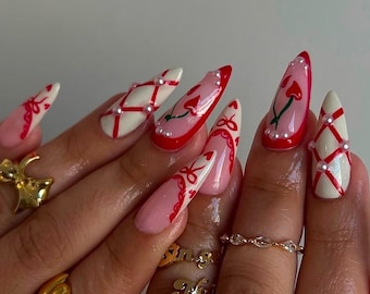 Red French Tip Press On Nails: Almond, Ribbon & Pearl