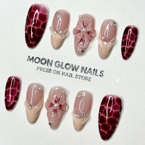 Burgundy Wave French & 3D Floral Press On Nails, Medium Almond Shape with Pearl Detail, Elegant Handmade Nail Art, Soft Chic Style Nails
