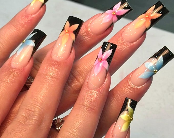 Pastel Butterfly Flower French Tip Press On Nails, Black Glossy Square Kawaii Set