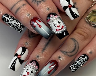 Gothic Kawaii Black White Ombre Press On Nails – Spider Web, Blood & Pearl Rhinestones, Spooky Clown Design, Handmade Halloween Nail Set