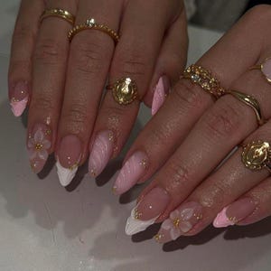 3D Flower Press On Nails: White Almond Nails, Gold Rhinestones Handmade Nail Art for Wedding Birthday image 2