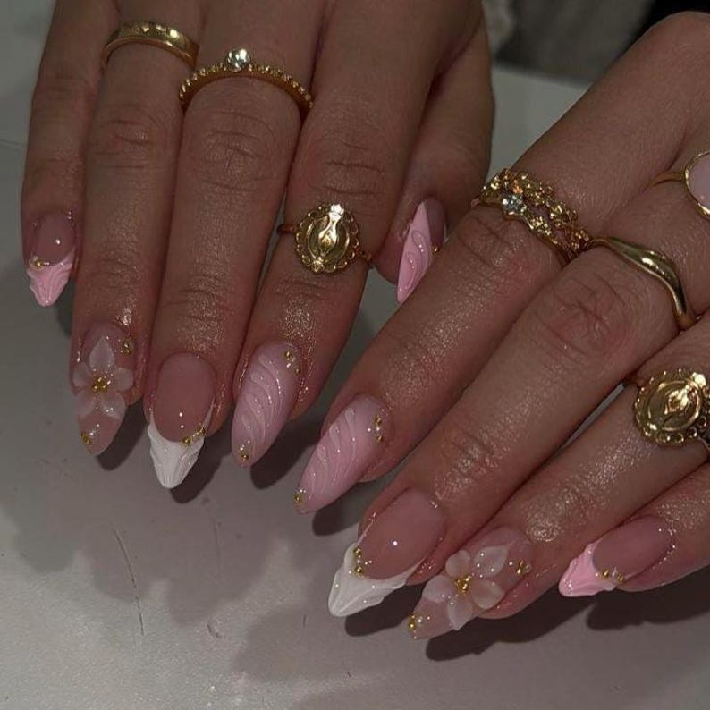 3D Flower Press On Nails: White Almond Nails, Gold Rhinestones Handmade Nail Art for Wedding Birthday image 2
